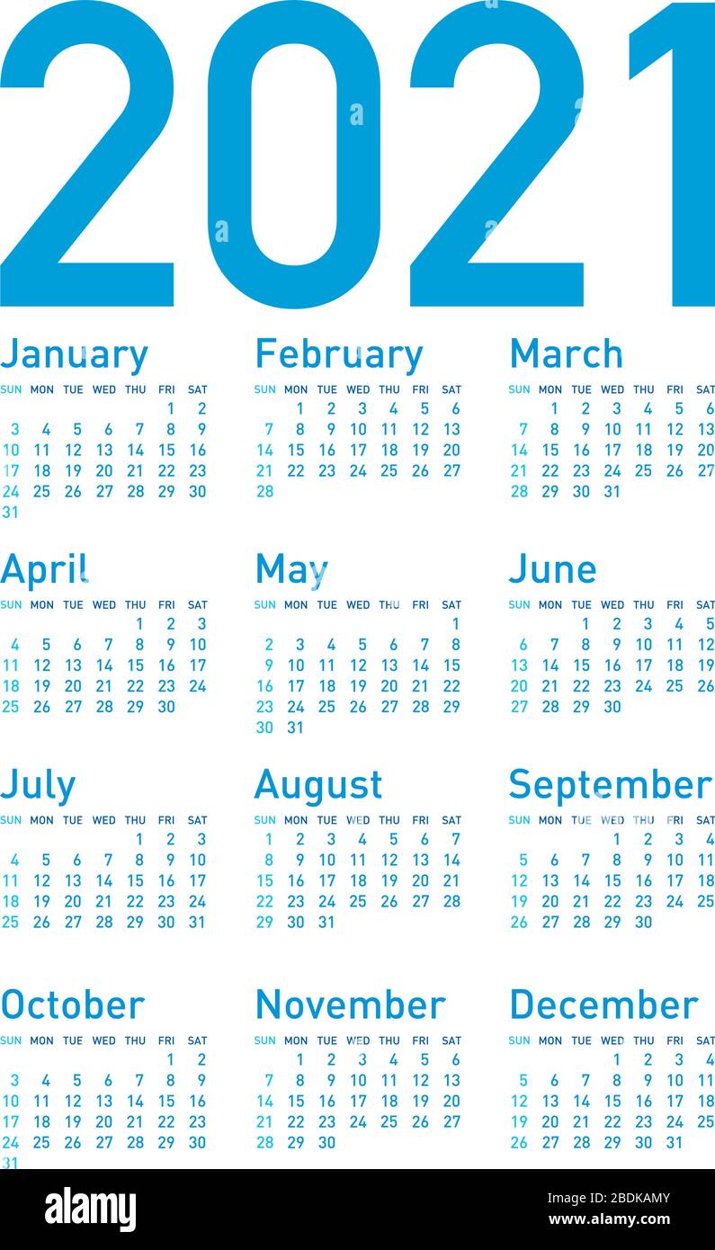 Simple Blue Calendar para el año 2021, en formato vectorial. Ilustración del Vector