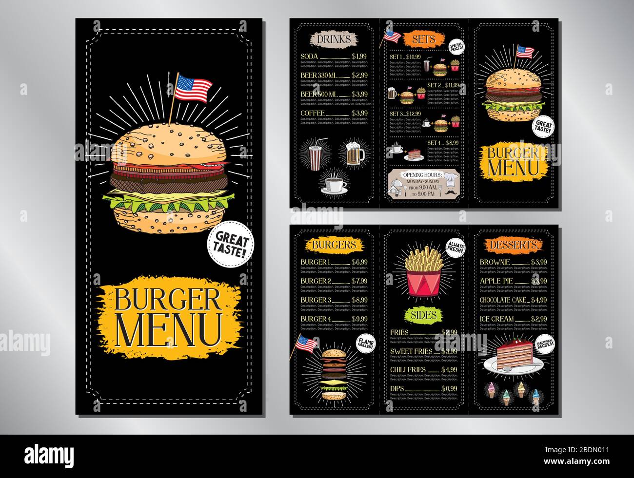 Folleto de la plantilla del menú del restaurante/bar Burger (hamburguesas,  patatas fritas, postres, bebidas, juegos) - 3 x DL (99x210 mm Imagen Vector  de stock - Alamy