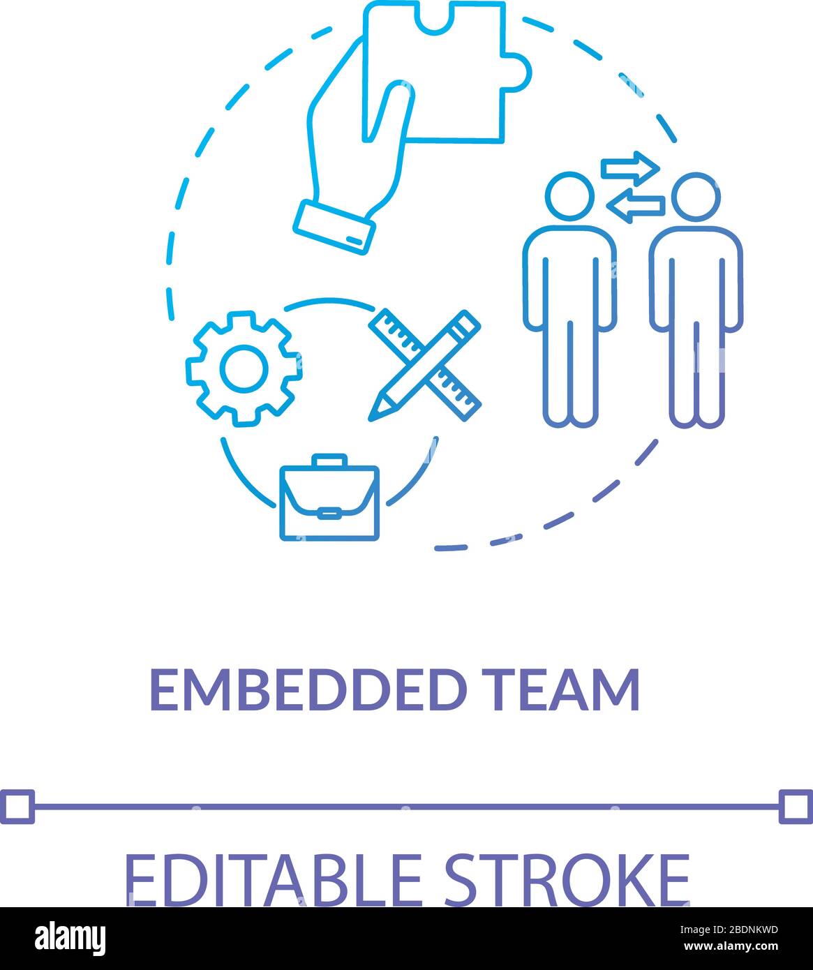 Equipo integrado, icono de concepto de tipo de compañero de trabajo. Ilustración de línea fina de idea de equipo de funcionalidad cruzada. Cooperación del personal, funciones de UX del personal que implican Ilustración del Vector