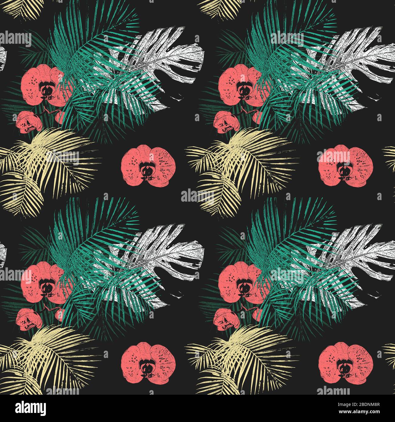 Patrón sin costuras con hojas de palma tropical, orquídeas, vintage, fondo  de ralletas. Perfecto para imprimir en tela, papel para envolver, etc  Fotografía de stock - Alamy