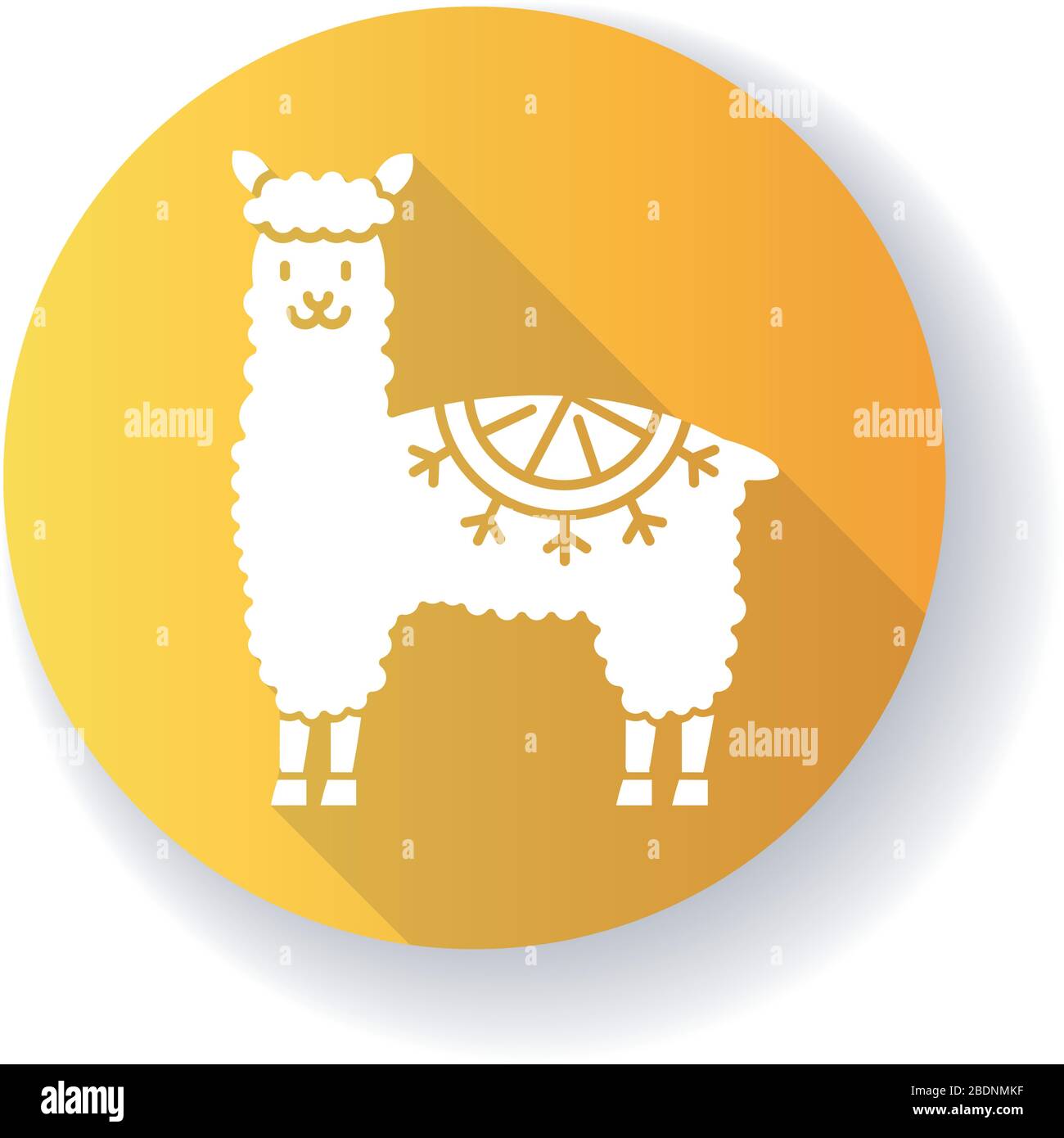 Icono de glifo de sombra larga con diseño plano amarillo alpaca. Llama de lana coqueta domesticada peruana. Animal rumiante con capucha procedente de los Andes. Mamífero divertido como camello Ilustración del Vector