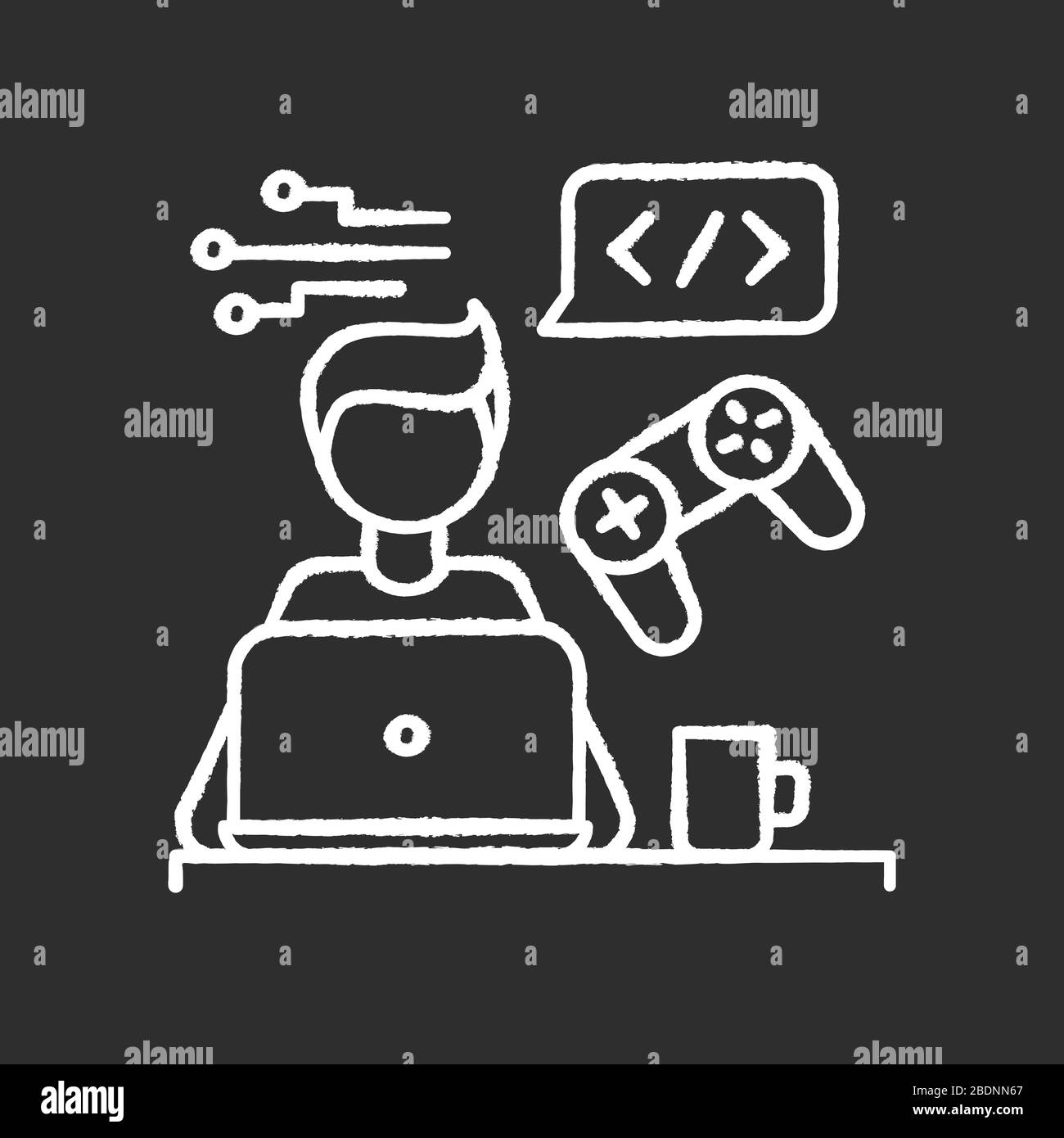 El desarrollador del juego tiza icono blanco sobre fondo negro. Freelancer,  programador de software de juegos remoto. Realidad virtual creando,  codificando, ordenador Imagen Vector de stock - Alamy