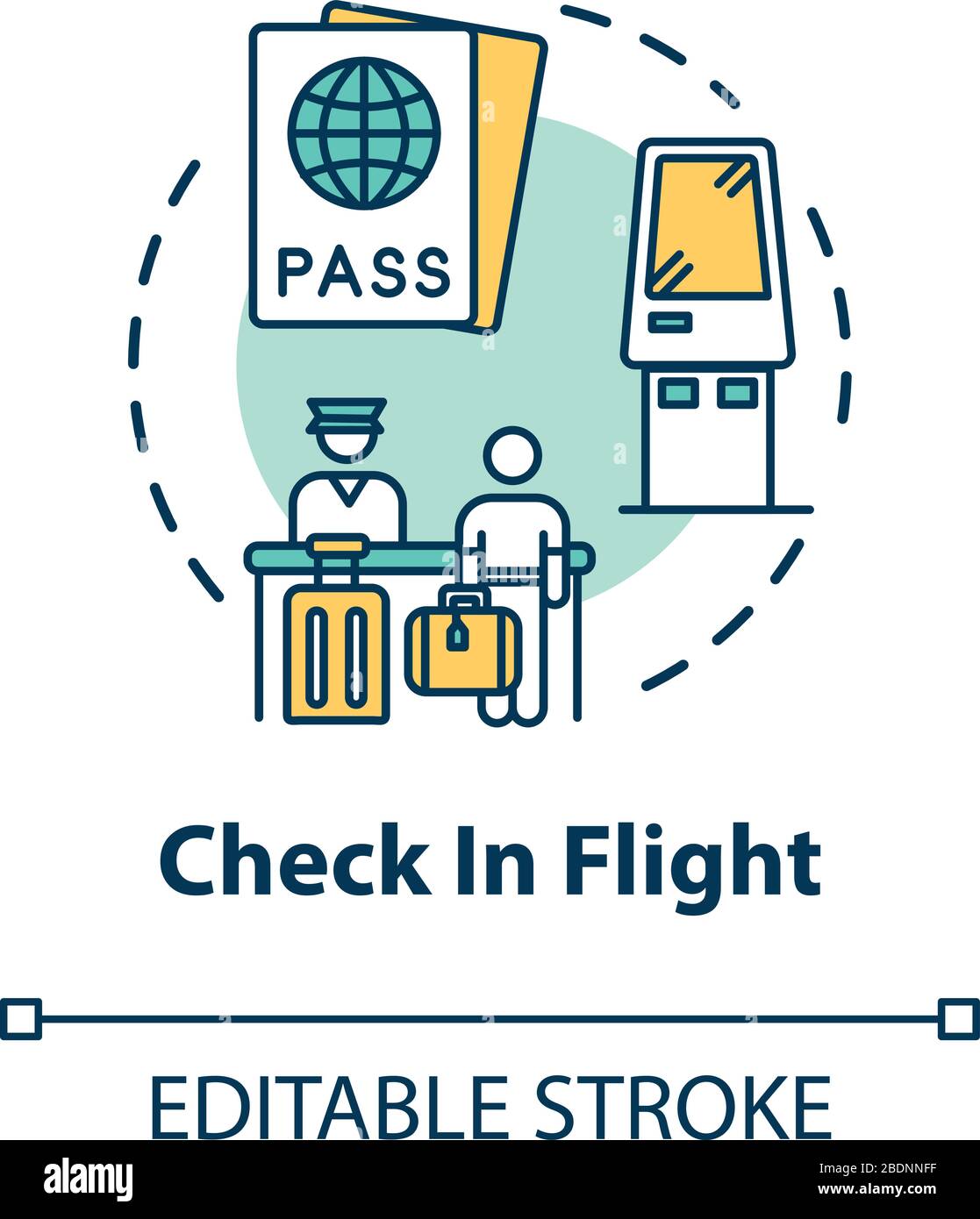 Icono de concepto de vuelo de checkin. Control de pasaportes de