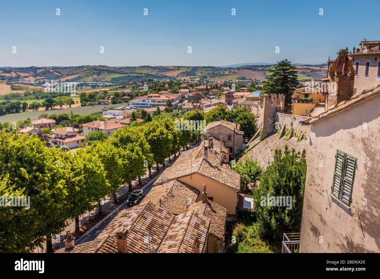Mirando hacia el campo de los alrededores de Corinaldo, le Marche, Italia, cerca de Senigallia, en una hermosa y soleada mañana de verano Foto de stock