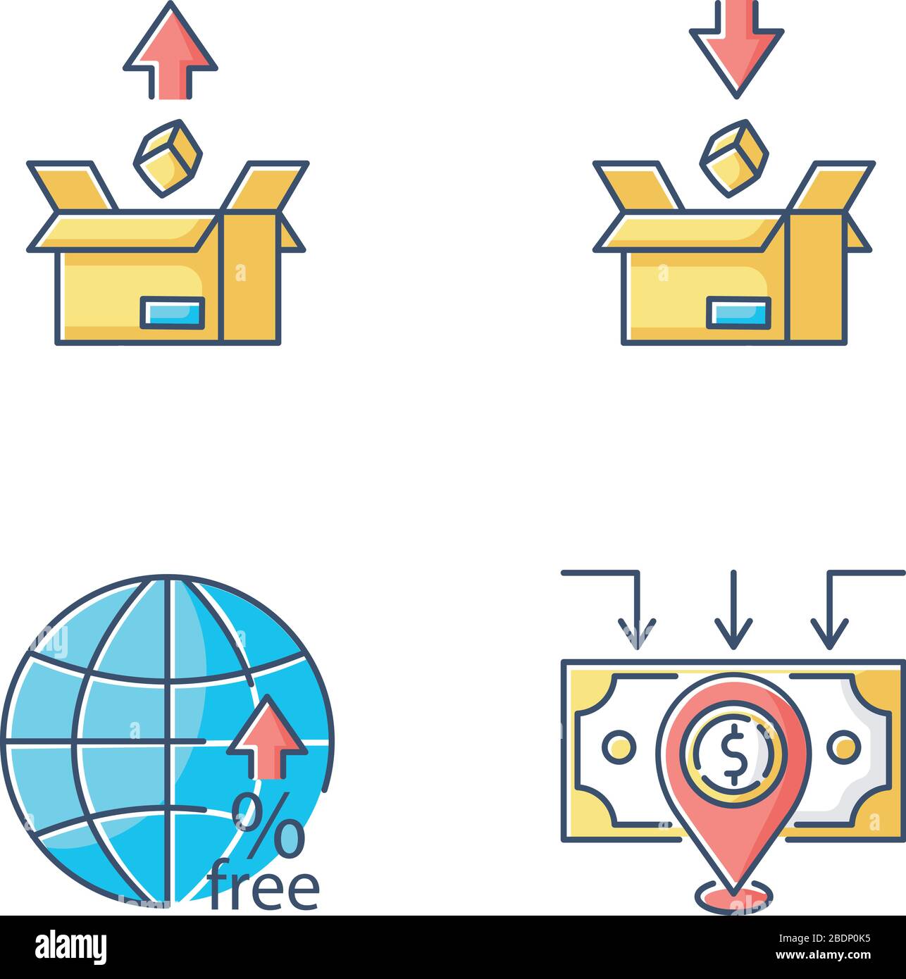 Comercio internacional, impuestos aduaneros conjunto de iconos de color