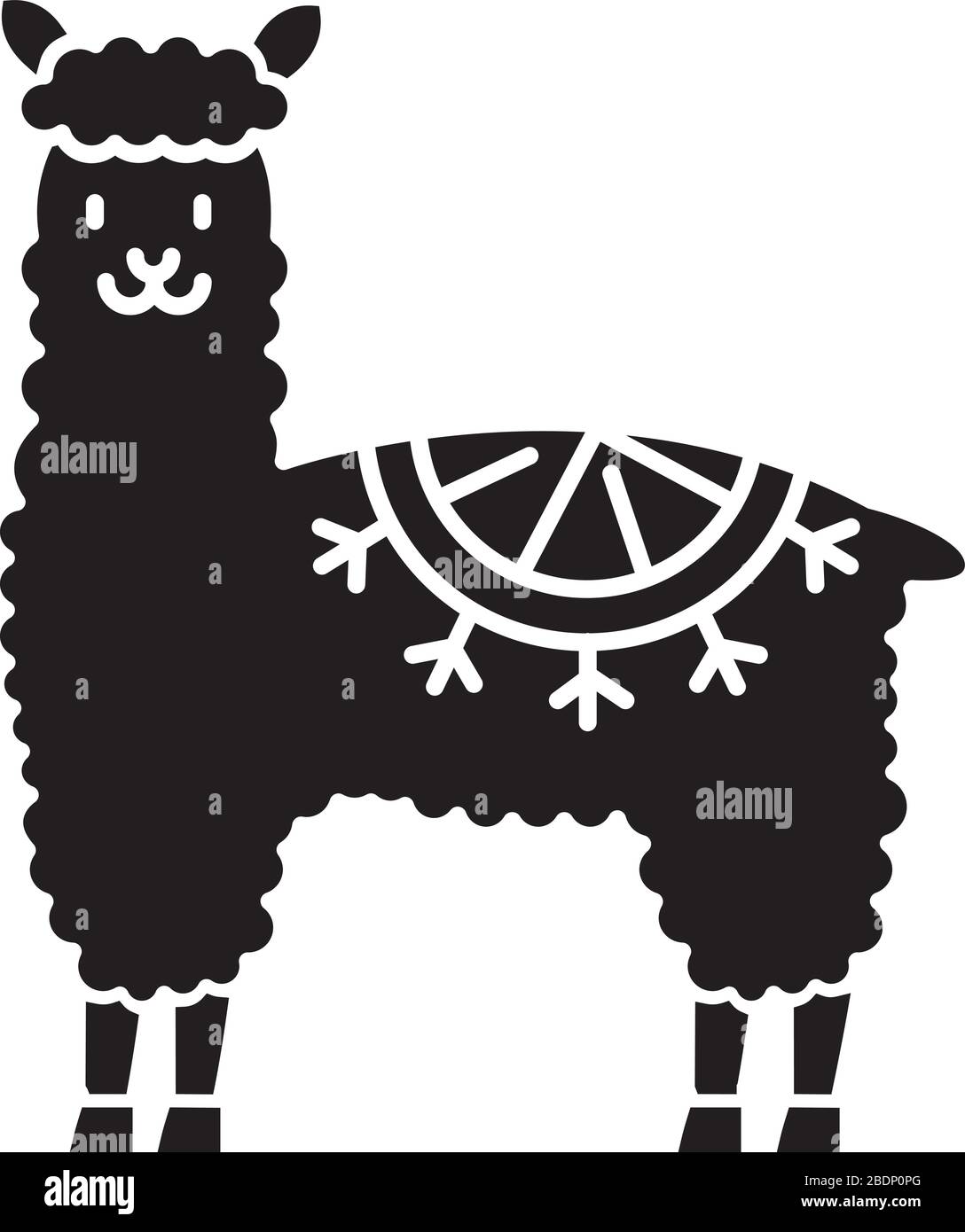 Icono de glifo negro de alpaca. Llama de lana coqueta domesticada peruana. Adorable camélido sudamericano. Animal rumiante con capucha procedente de los Andes. Silueta Ilustración del Vector