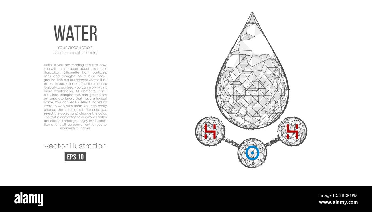 Silueta abstracta del agua poligonal sobre fondo blanco. Estructura química del agua. Fórmula H2O. Ilustración del Vector