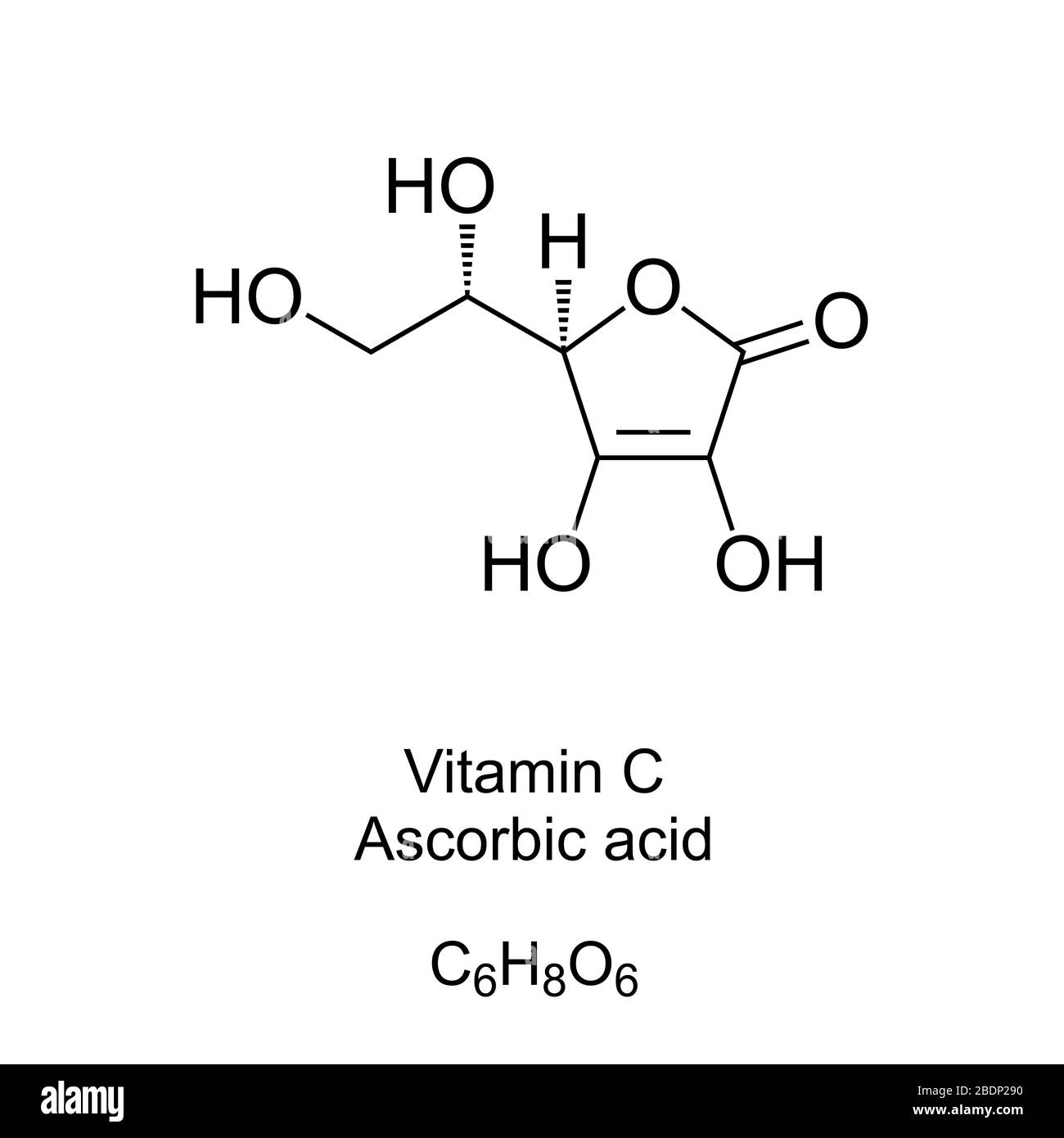 Fórmula esquelética y estructura molecular de la vitamina C. Ácido ascórbico, también conocido como ascorbato, una vitamina que se encuentra en varios alimentos. Foto de stock