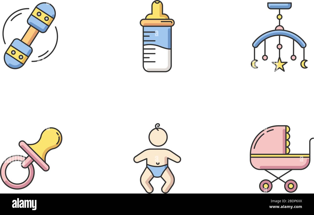 Juego de iconos de color RGB del servicio de cuidado del bebé. Juguetes y artículos  esenciales para bebés. Decoración para recién nacidos. Chupete y biberón.  Niño en Imagen Vector de stock -