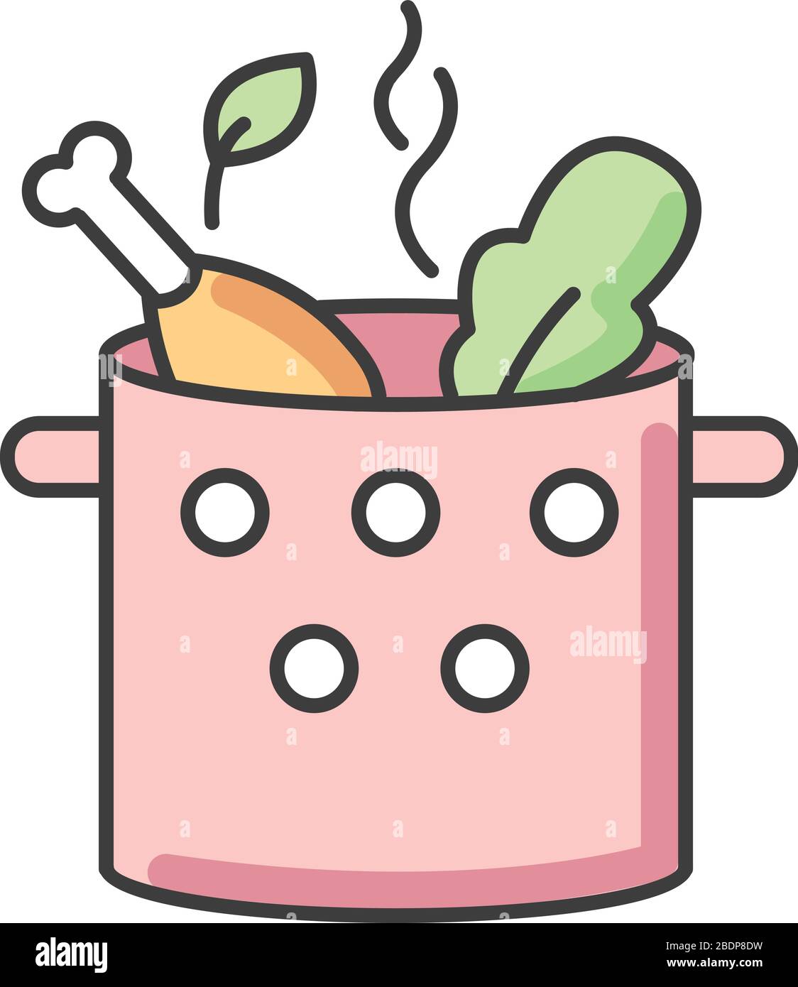 Icono de color RGB de los alimentos de cocción. Hervir sopa de pollo en el  menaje de cocina. Receta del plato. Prepara la cazuela para cenar. Caldo  casero con carne y verduras