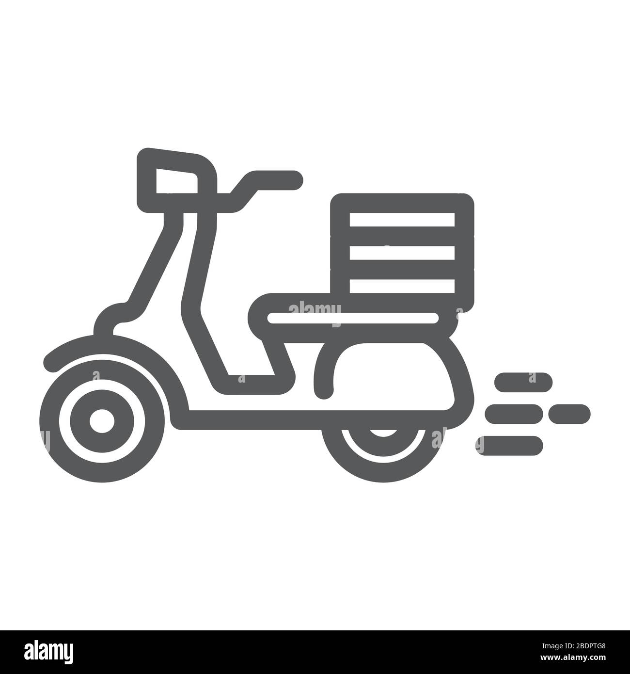 Icono de línea de entrega de alimentos, motocicleta y vehículo de pizza, señal de scooter, gráficos vectoriales, un patrón lineal sobre un fondo blanco, eps 10. Ilustración del Vector