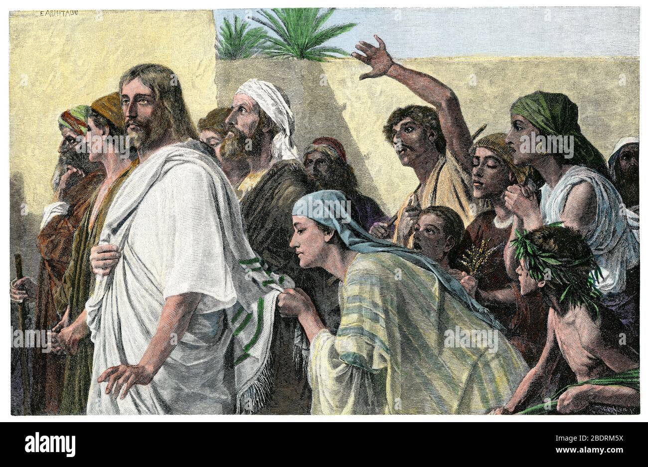 Mujer tocando la prenda de Jesús cuando entra en Jerusalén. Madera talada a mano de una pintura Foto de stock
