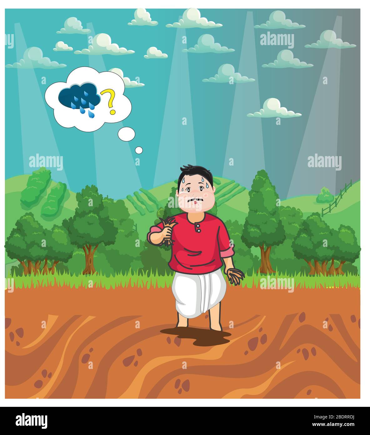 El granjero que usa tristemente para la lluvia como granjero no puede comenzar a cultivar sin agua. Diseño del carácter del granjero que piensa sobre la lluvia para la agricultura. Paisaje desig Ilustración del Vector