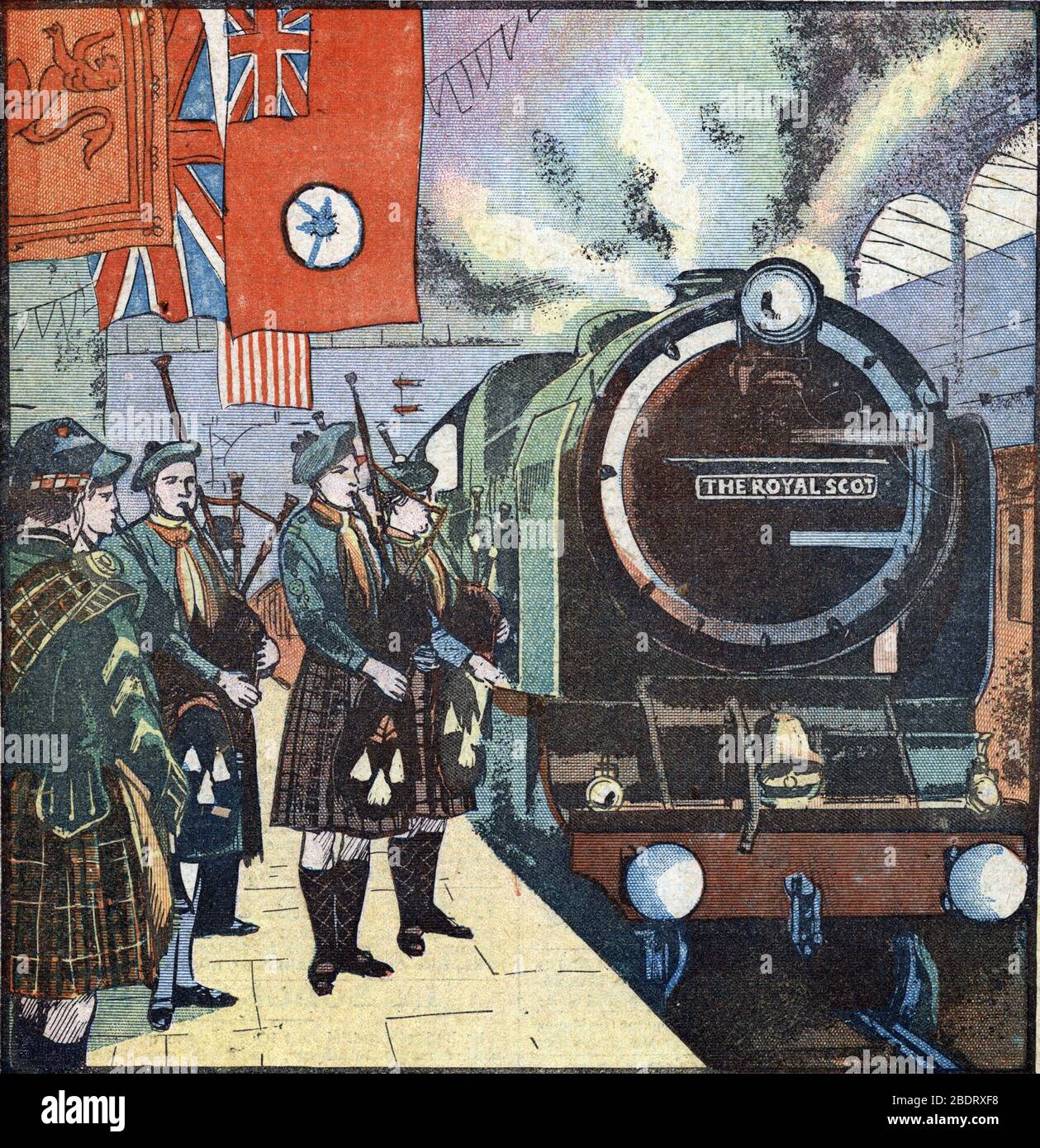 'L'arrivee du train 'Royal scot' a la gare d'Euston accueilli en musique par les boy scouts (boy-scouts) ecosais' (el tren real scot en el Euston Foto de stock