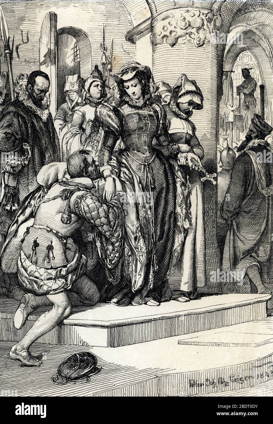'Le diplomate ecosais James Melville de Halhill (1535-1617) s'agenouille au passage de la reine d'Ecose Marie Iere Stuart menee au Chateau de Fother Foto de stock