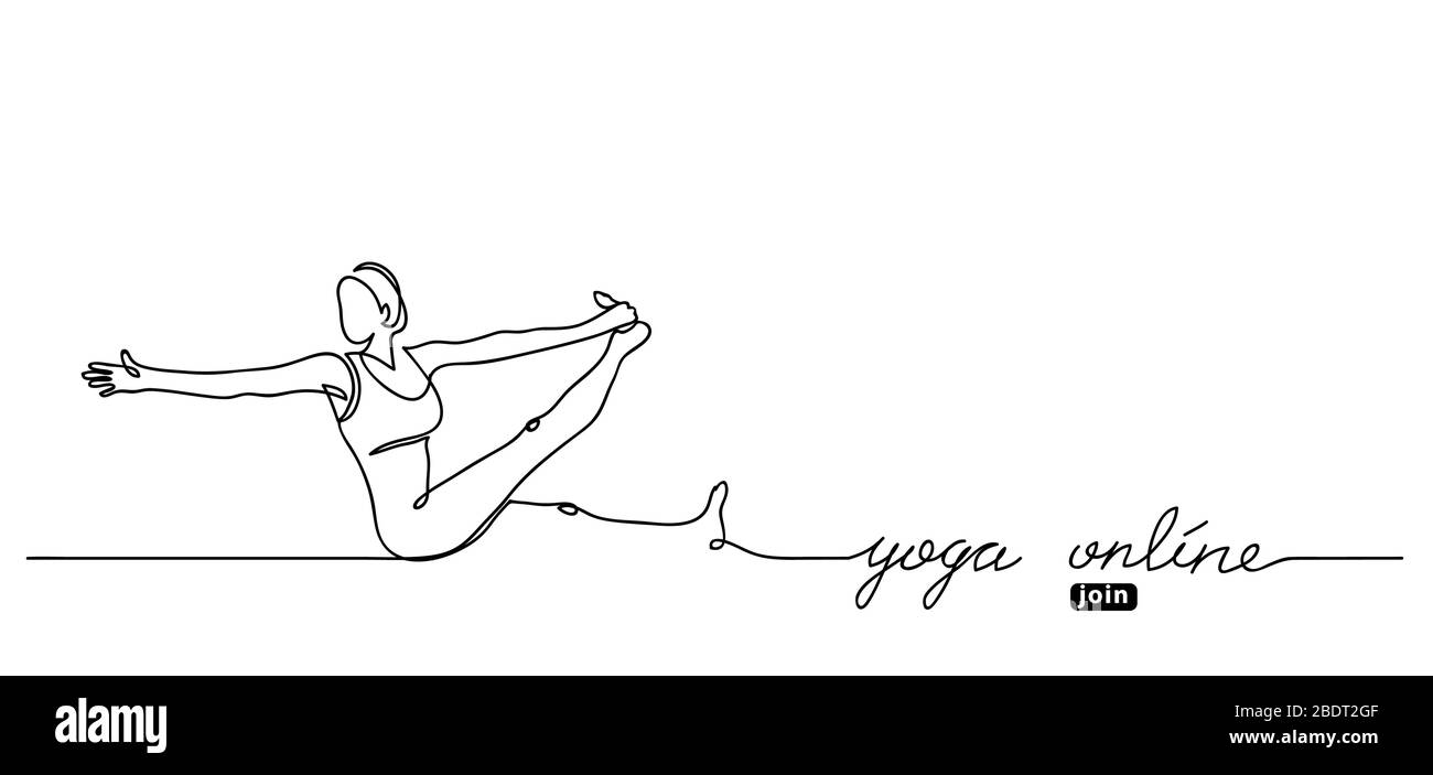 Yoga en línea letras. Banner web vectorial con ilustración de mujer. Ilustración del Vector