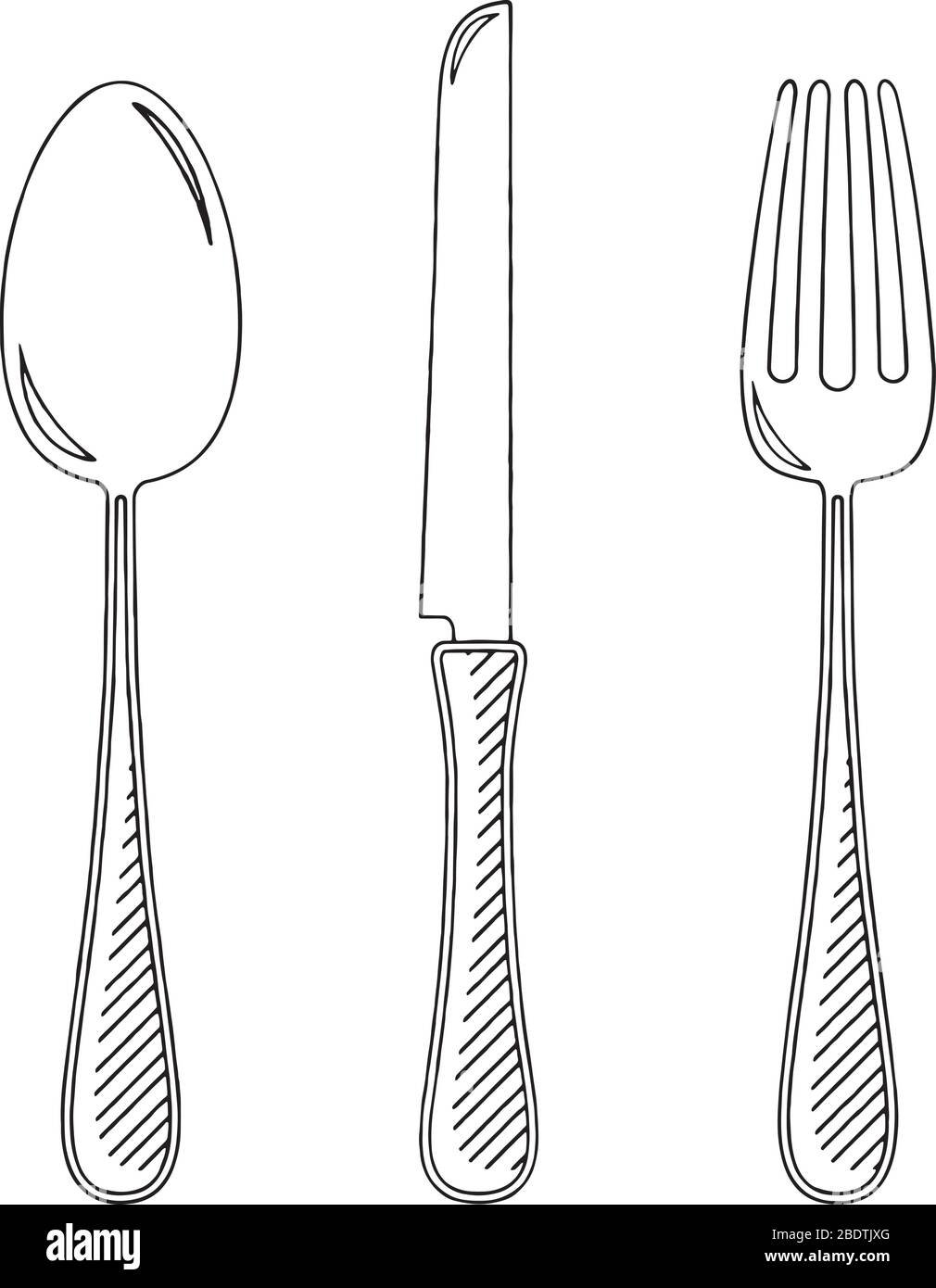 Tenedor, cuchillo, cuchara - ilustración/dibujo en blanco y negro Imagen  Vector de stock - Alamy