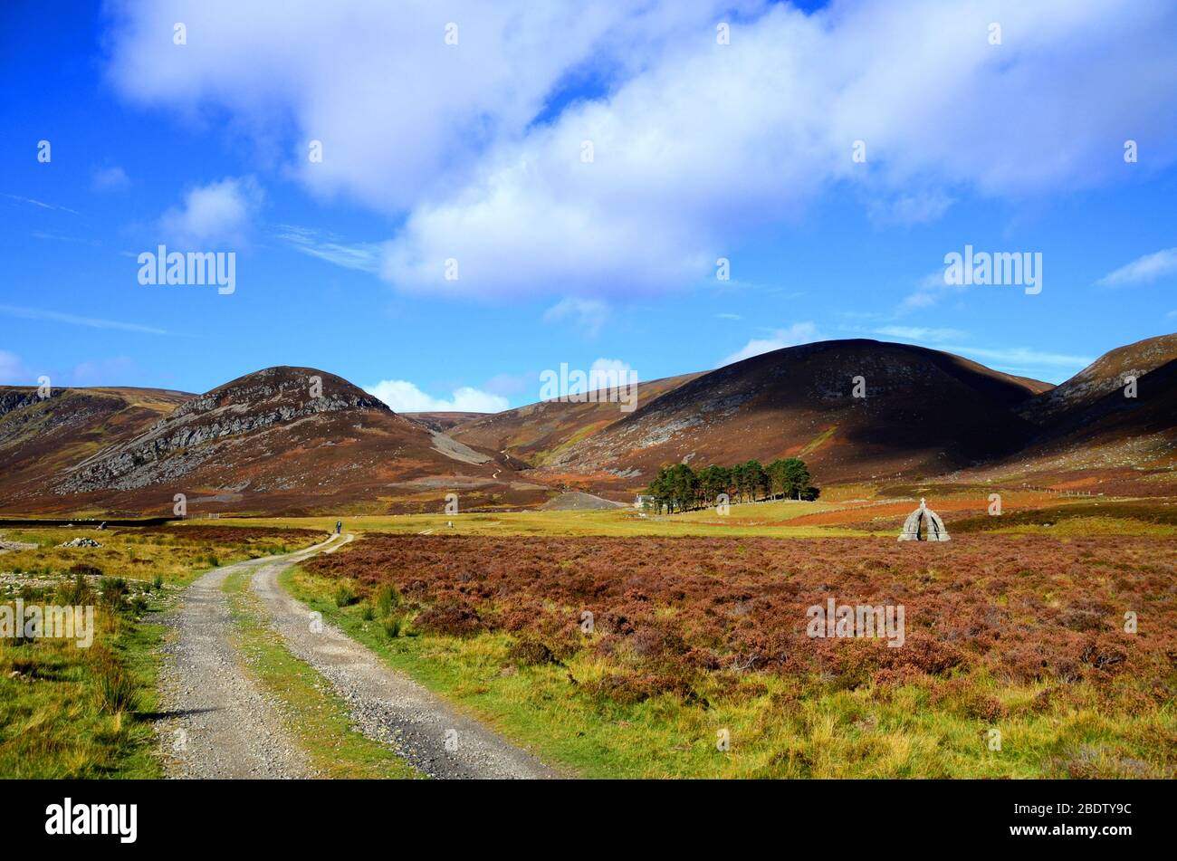 Camino en Glen Esk, Angus que conduce a Mount Keen, el más oriental Munro en Sctland Foto de stock