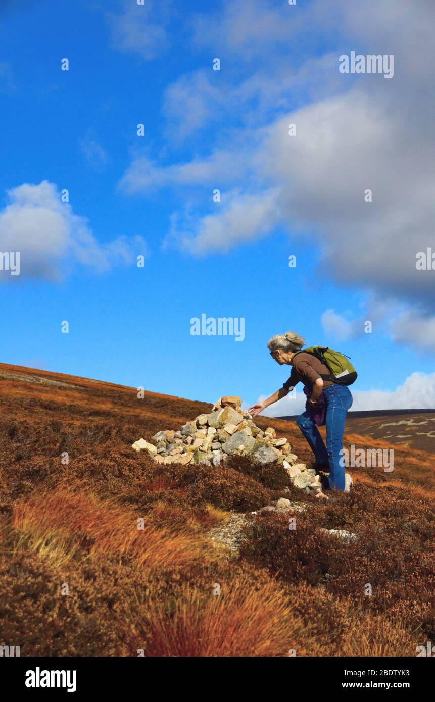 Una mujer que agrega una roca a un cairn al lado de un sendero que conduce a la cima del Monte Keen, en glen Esk Foto de stock