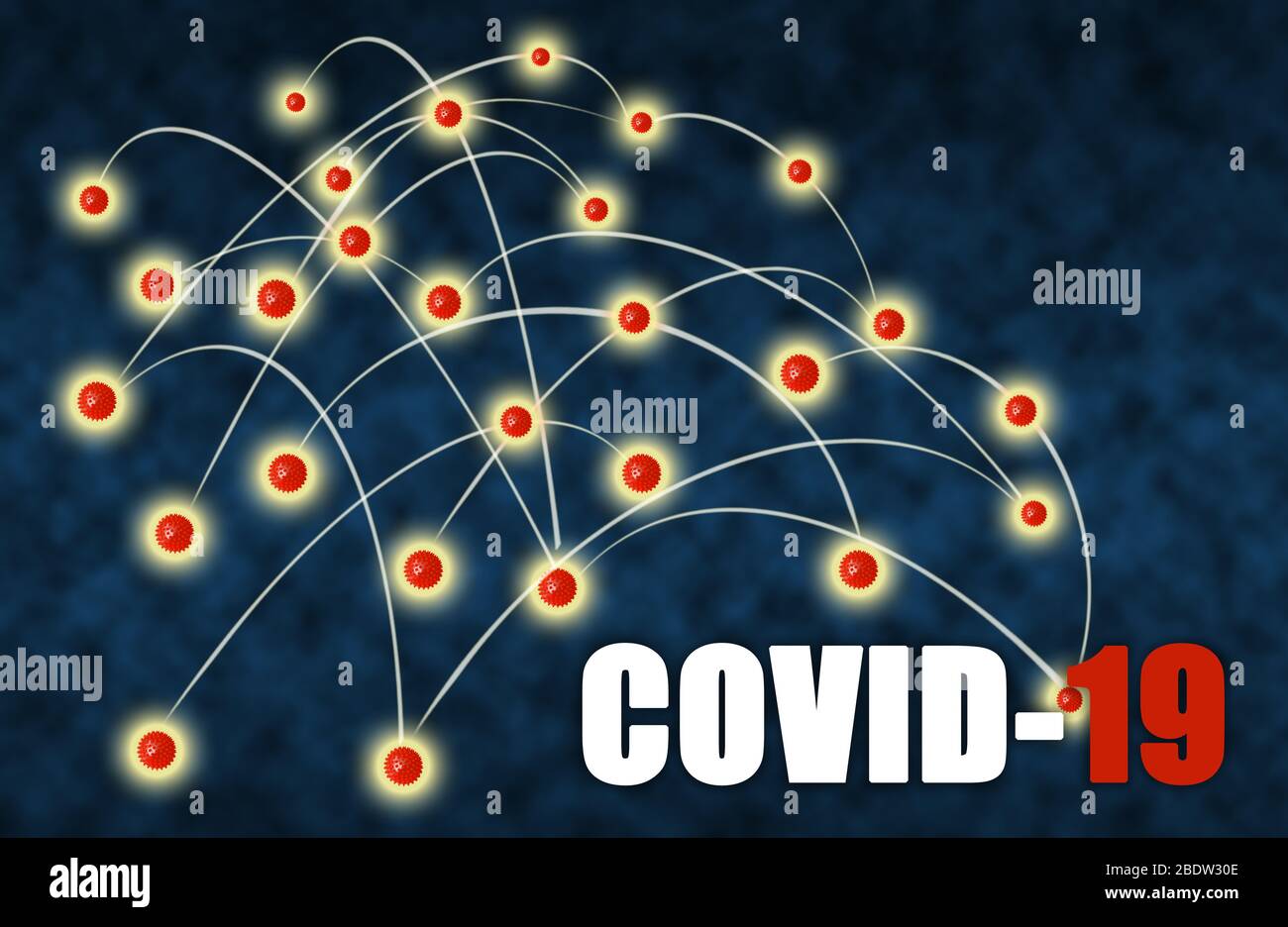 Red de propagación de virus de la pandemia del coronavirus COVID-19. Concepto de propagación del virus a través de los viajes y la transmisión de la comunidad social. Foto de stock