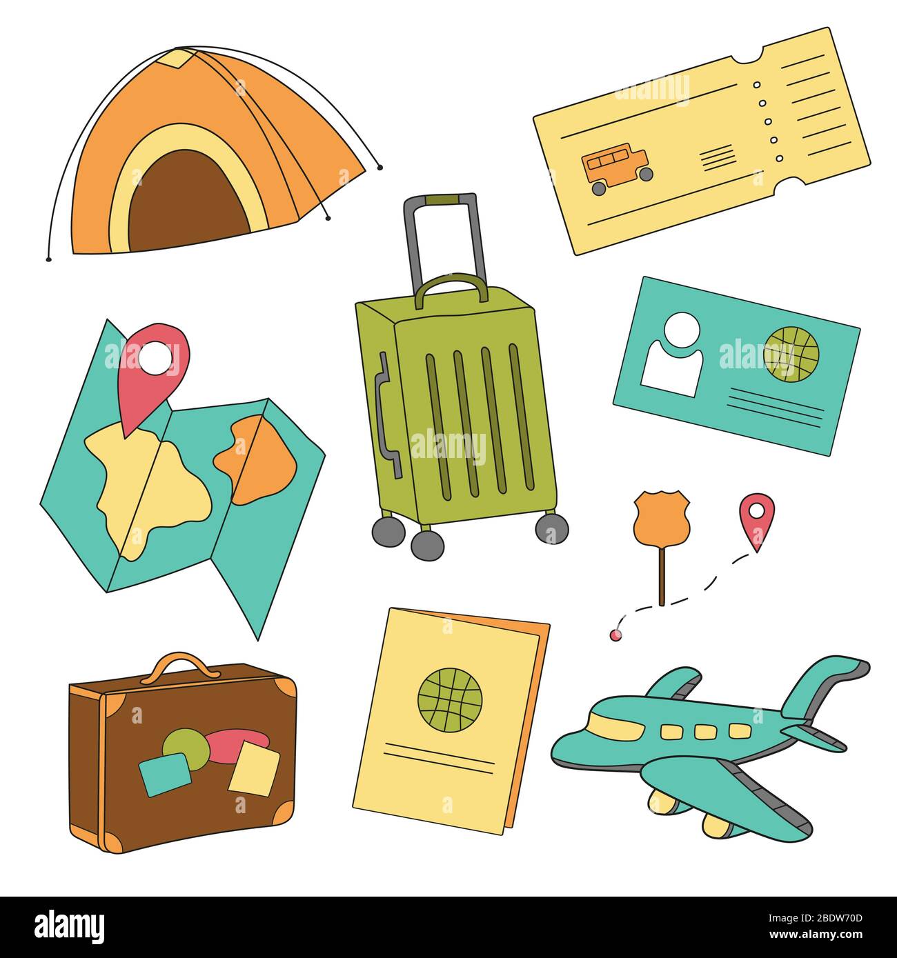 Conjunto de dibujos animados de iconos de turismo, viajes aéreos,  planificación de vacaciones de verano, aventura, viaje en vacaciones.  Ilustración vectorial Imagen Vector de stock - Alamy
