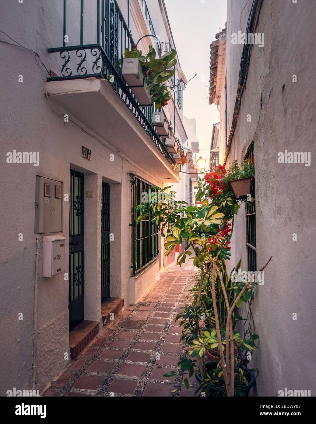 Un pintoresco y estrecho pasadizo en el casco antiguo de Marbella, Marbella, España. Foto de stock