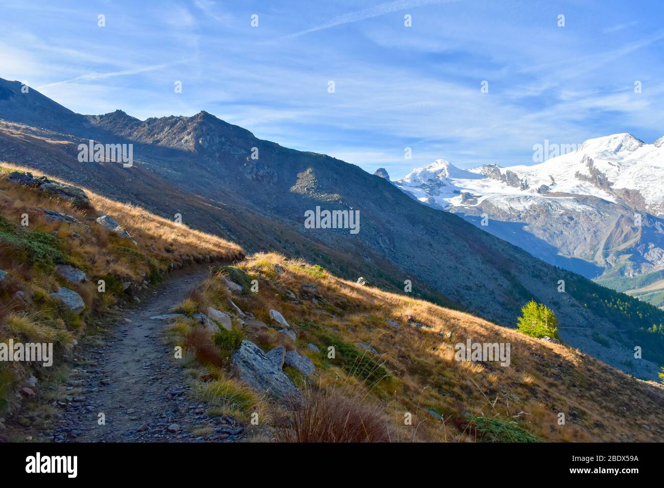 Paisaje en los Alpes con senderos y montañas. Foto de stock