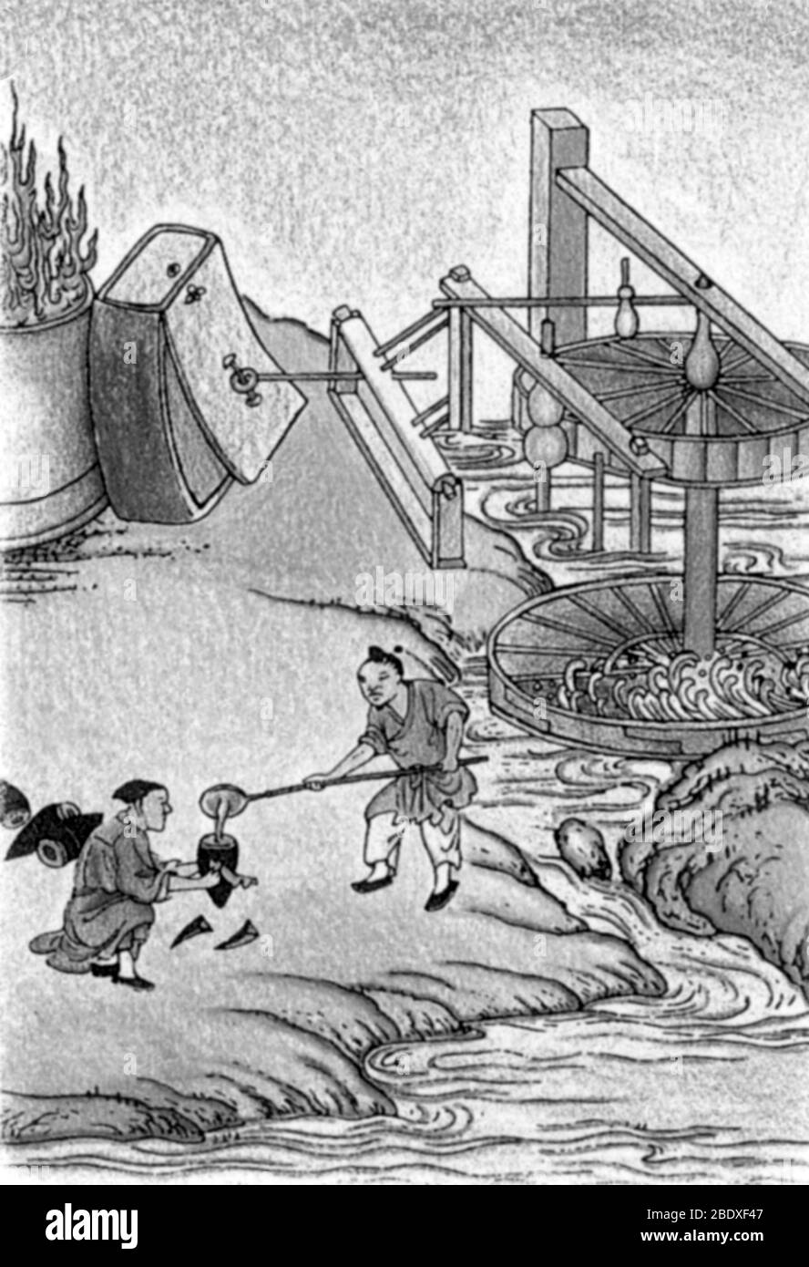 Horno de explosión alimentado por agua chino, siglo I Foto de stock