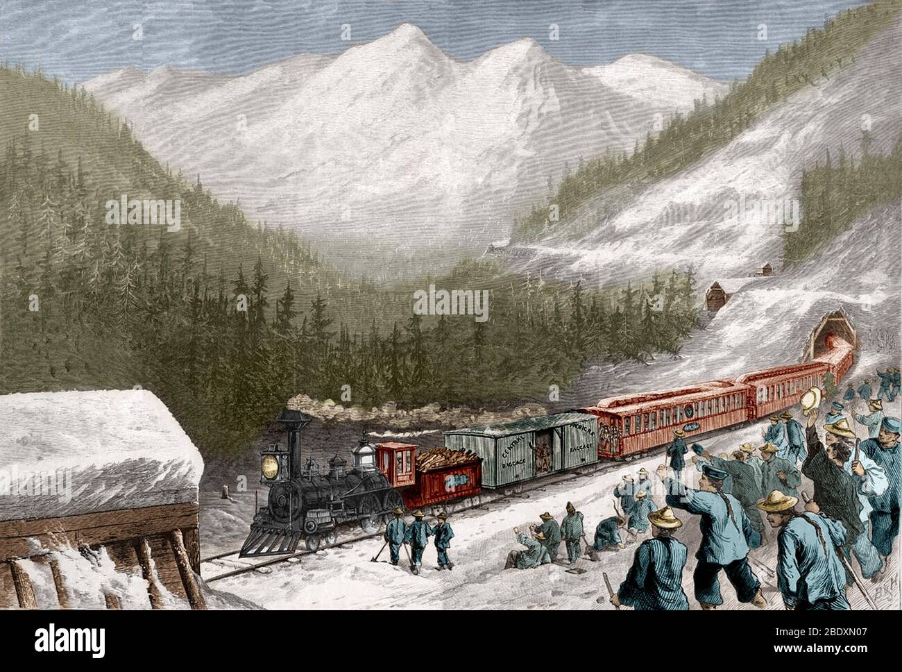 Trabajadores del Ferrocarril Chino Transcontinental, Sierra Nevada, 19º C. Foto de stock