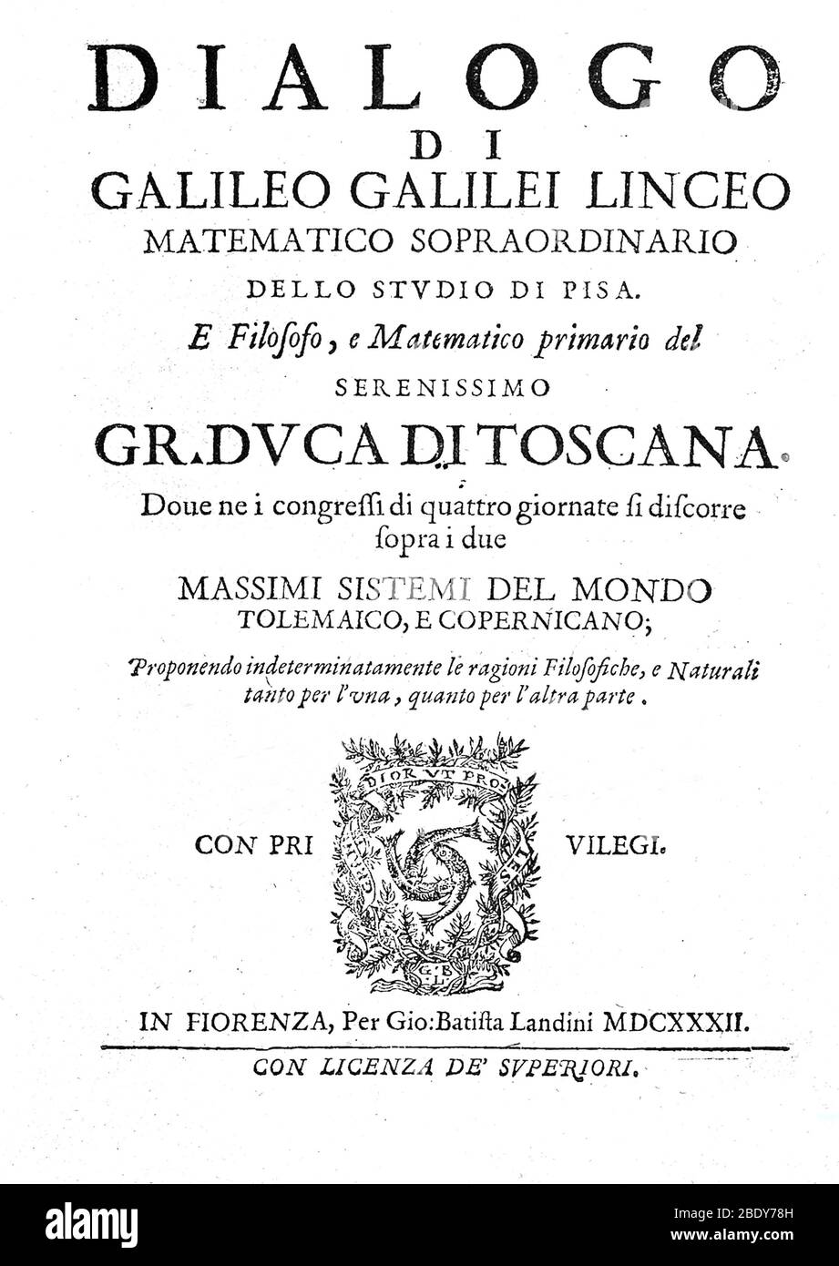 Frontispicio del 'diálogo' de Galileo, 1632 Foto de stock