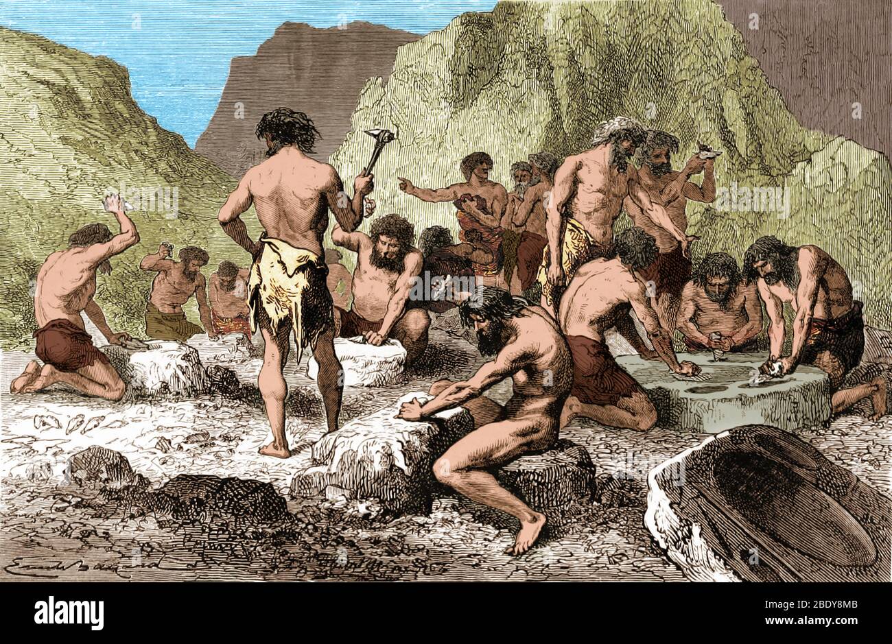 El hombre prehistórico, de la Edad de Piedra Toolmaking Foto de stock