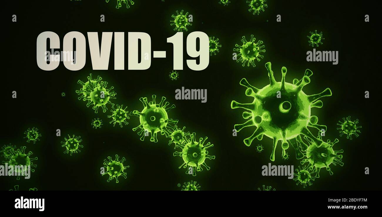 Concepto de enfermedad infecciosa en negro y verde Covid-19 Foto de stock