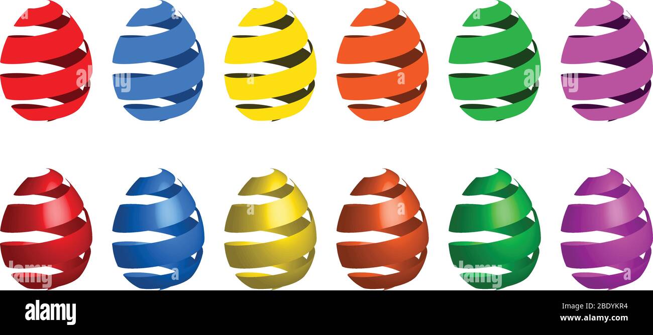 Coloridas ilustraciones de huevos de Pascua, aisladas sobre blanco (vector). Huevos rojos, amarillos, azules, naranjas, verdes y violetas con efecto 3D. Ilustración del Vector