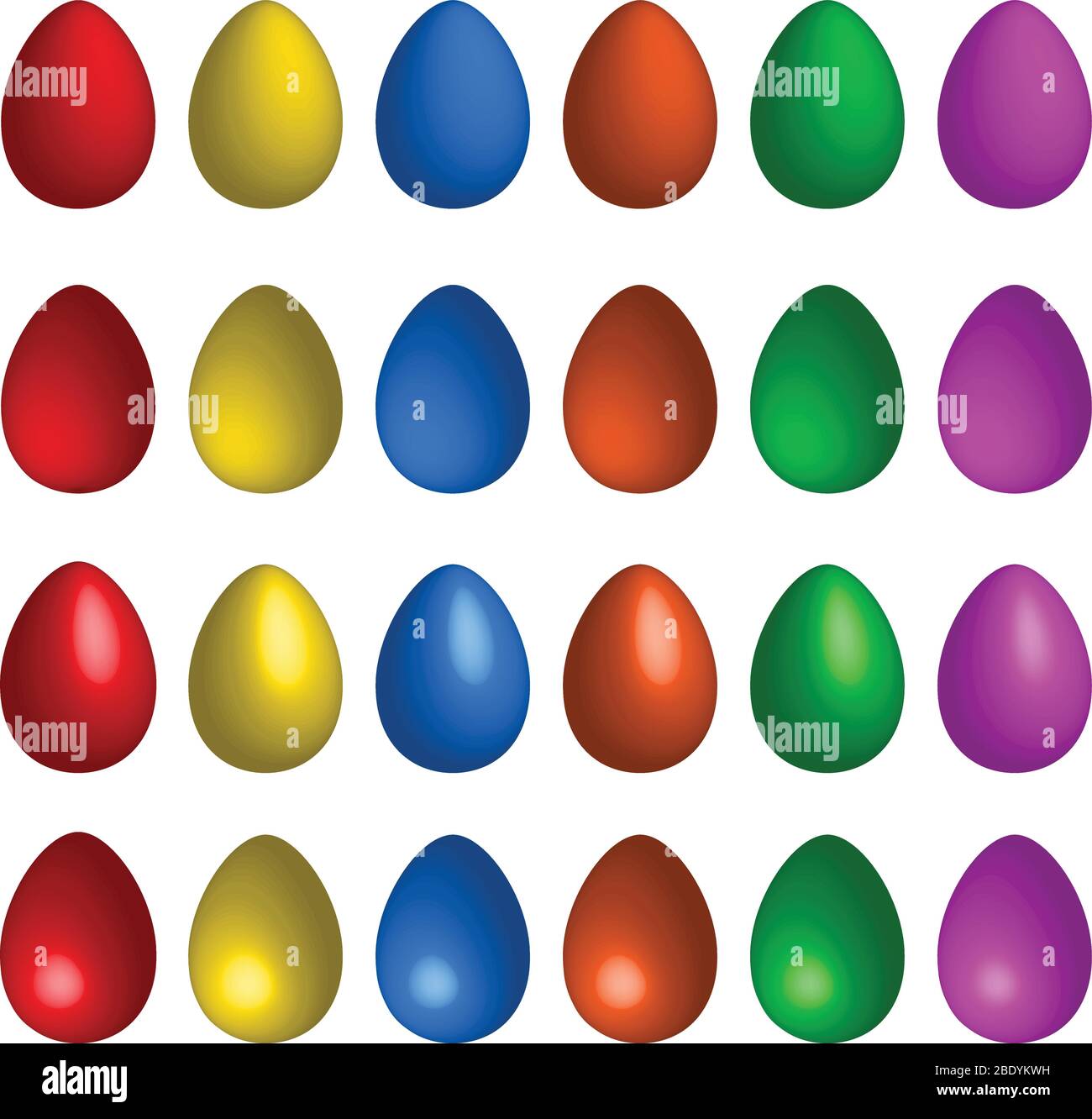 Coloridas ilustraciones de huevos de Pascua, aisladas sobre blanco (vector). Huevos rojos, amarillos, azules, naranjas, verdes y violetas con efecto 3D. Ilustración del Vector