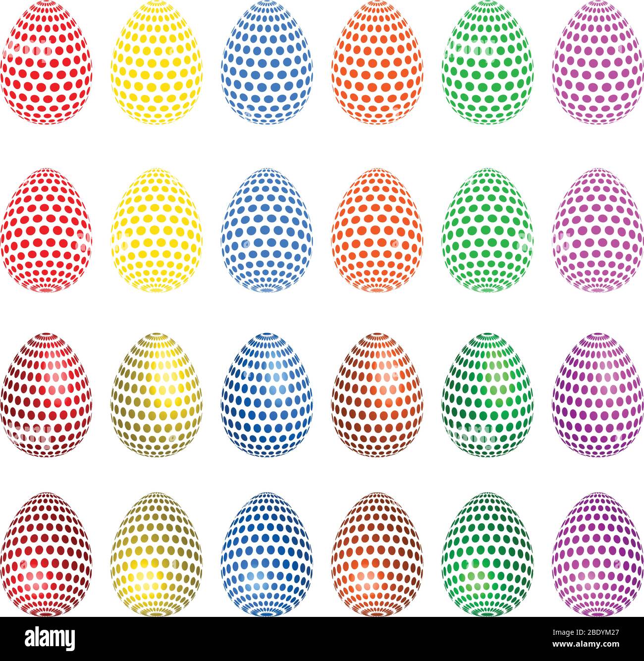 Coloridas ilustraciones de huevos de Pascua, aisladas sobre blanco (vector). Huevos rojos, amarillos, azules, naranjas, verdes y violetas con efecto 3D. Ilustración del Vector