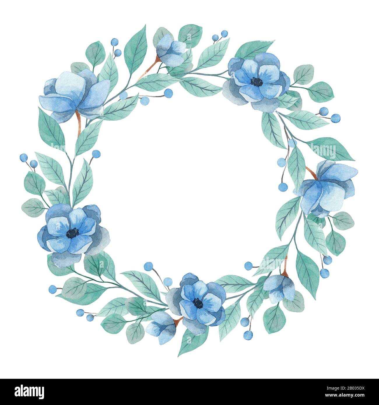 Invitación de corona de acuarela sobre fondo blanco. Flores de anémona azul  y ramitas de color turquesa Fotografía de stock - Alamy