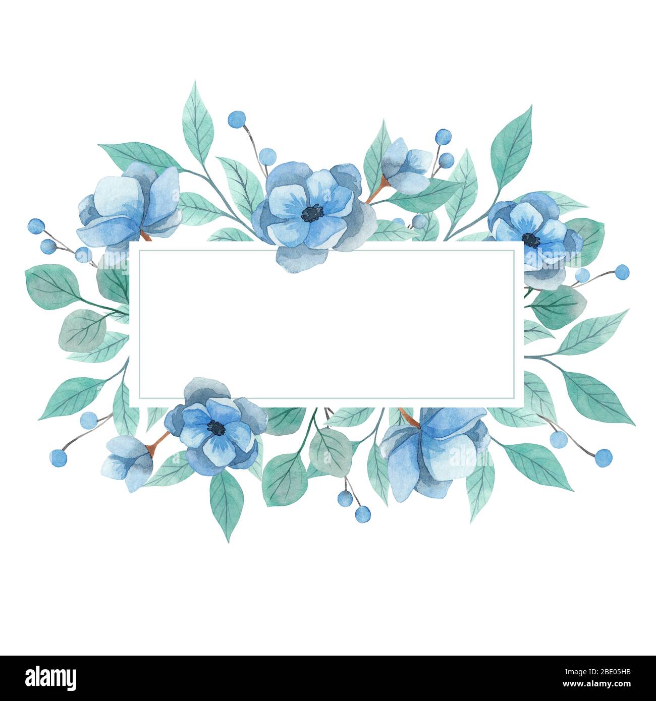 Invitación marco acuarela sobre fondo blanco. Flores de anémona azul y  ramitas de color turquesa Fotografía de stock - Alamy
