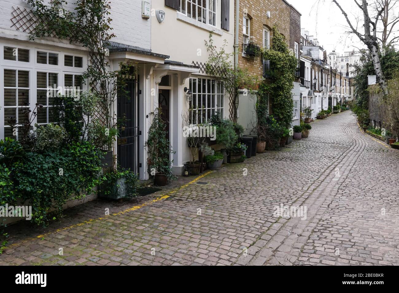 Propiedades residenciales en Kynance Mews adoquinadas en South Kensington, Londres Inglaterra Reino Unido Foto de stock