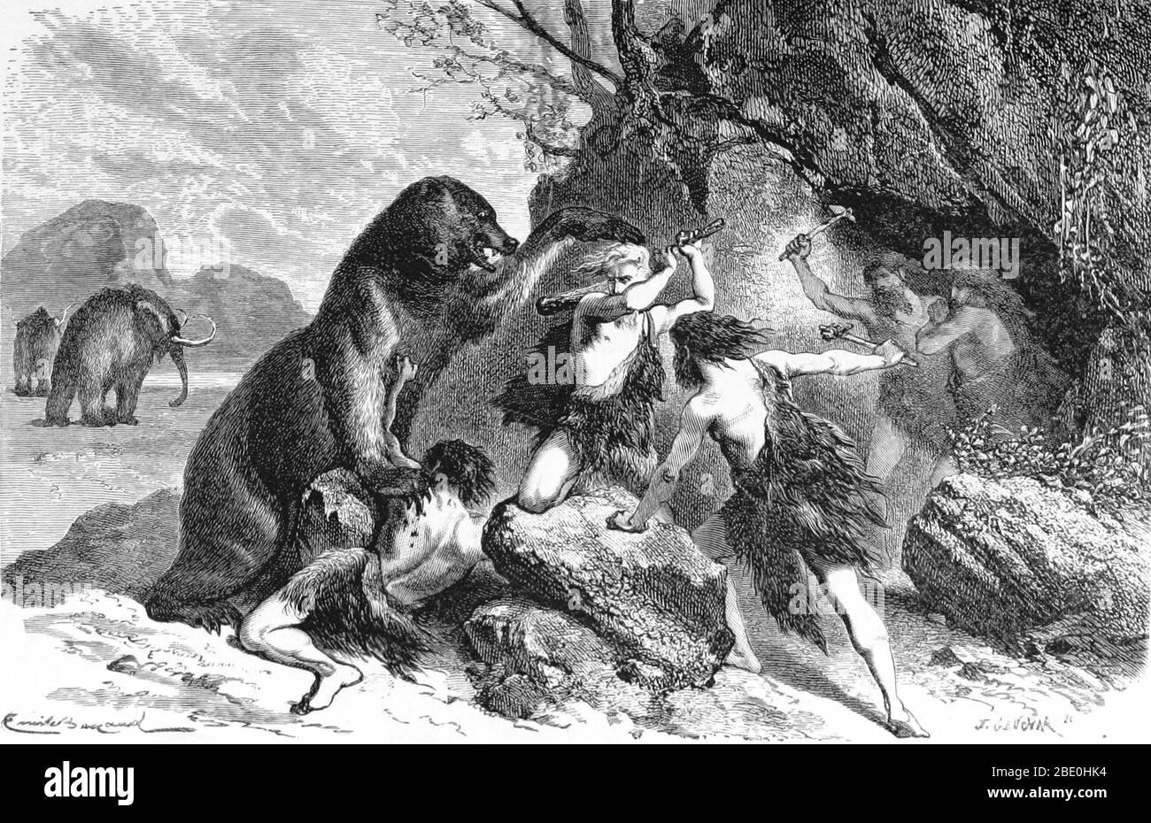 Hombres prehistóricos utilizando palos de madera y hacha de piedra para defenderse de los ataques de un gran oso cueva. El oso cueva (Ursus spelaeus) era una especie de oso que vivía en Europa durante el Pleistoceno y se extinguió al principio del último máximo glacial, hace unos 27,500 años. Las mamografías se pueden ver en el fondo. Un mamoto es cualquier especie del género extinto Mammuthus, proboscideans equipados comúnmente con colmillos largos y curvos y, en especies del norte, una cubierta de pelo largo. Vivieron desde la época del Plioceno (hace unos 5 millones de años) hasta el Holoceno hace unos 4,500 años en A. Foto de stock