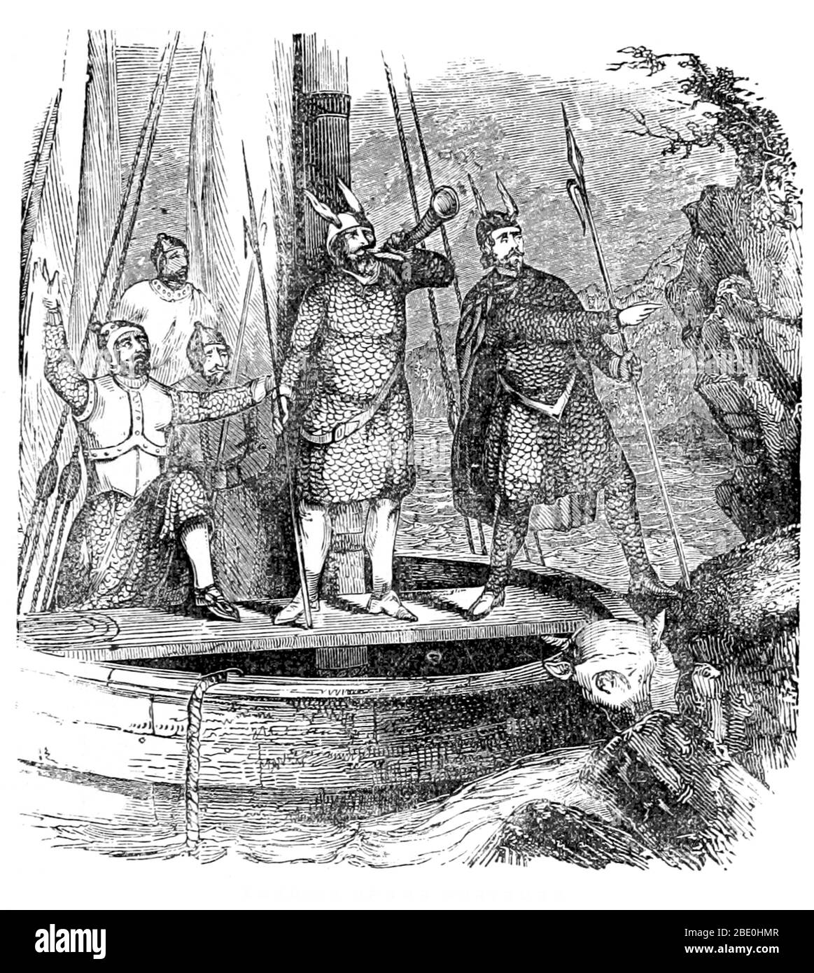 La colonización nórdica de las Américas comenzó ya en el siglo X DC, cuando los vikingos exploraron y asentaron áreas del Atlántico Norte, incluyendo las franjas nororientales de América del Norte. Los asentamientos continentales de América del Norte eran pequeños y no se transformaron en colonias permanentes. Hay evidencia del comercio nórdico con los nativos. El nórdico habría encontrado tanto a los nativos americanos como a los Thule, antepasados de los inuit. Artículos como fragmentos de peine, piezas de utensilios de cocina de hierro, piezas de ajedrez, cinceles de hierro, remaches de barcos, aviones de carpintero y fragmentos de barcos abandonados usados en barcos inuit h. Foto de stock