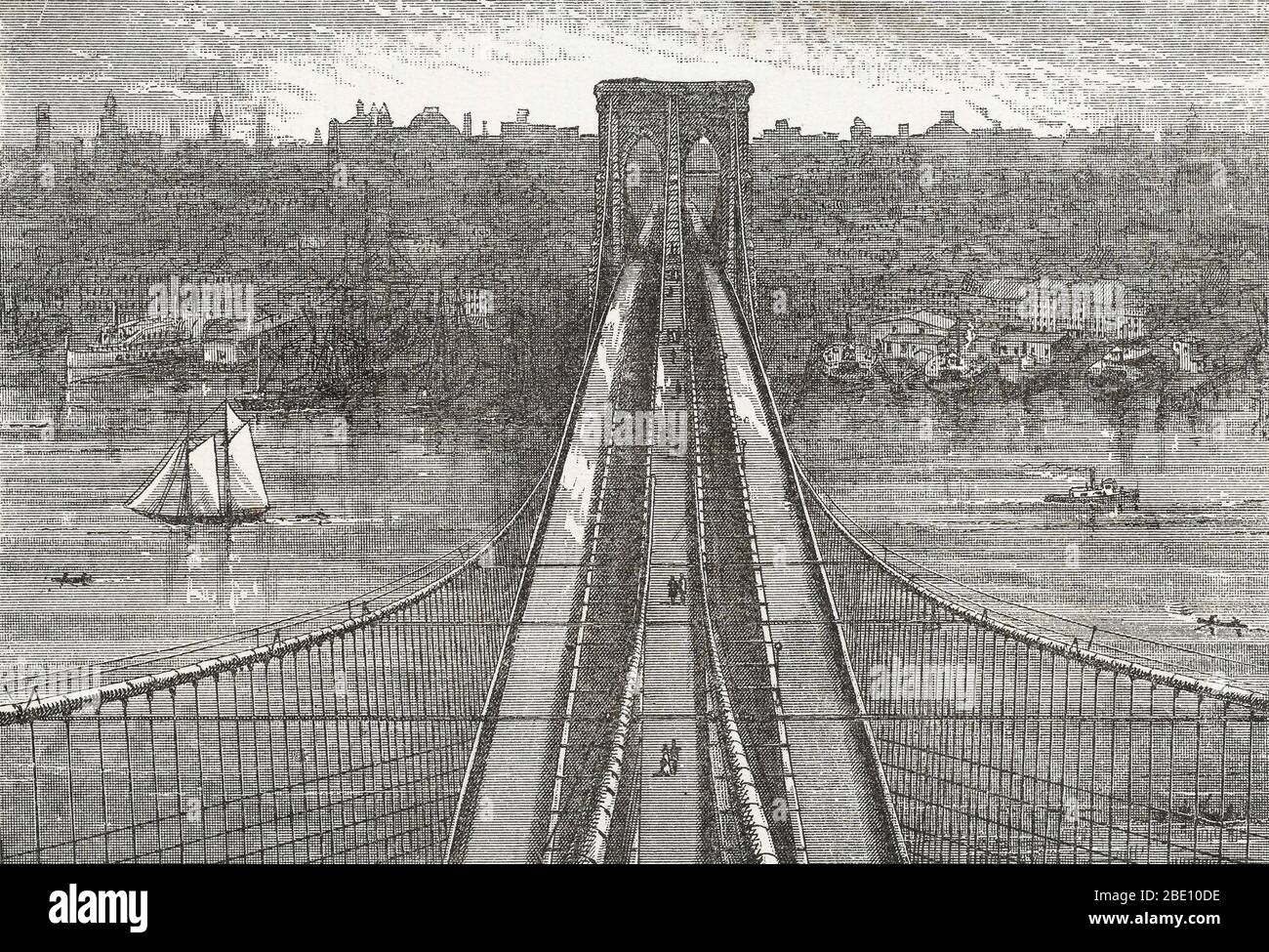 La vista desde la cima de la Torre Brooklyn, mirando hacia abajo sobre el  puente de Brooklyn y hacia Nueva York. De un folleto no identificado sobre  el puente, 1883. El Puente