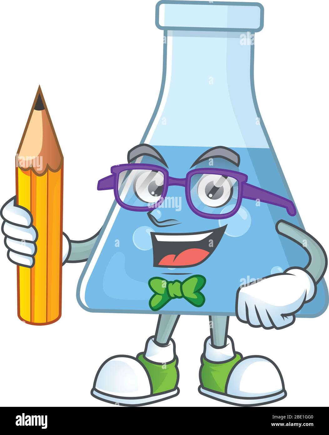 Azul botella química estudiante de dibujos animados carácter estudiando con  lápiz Imagen Vector de stock - Alamy