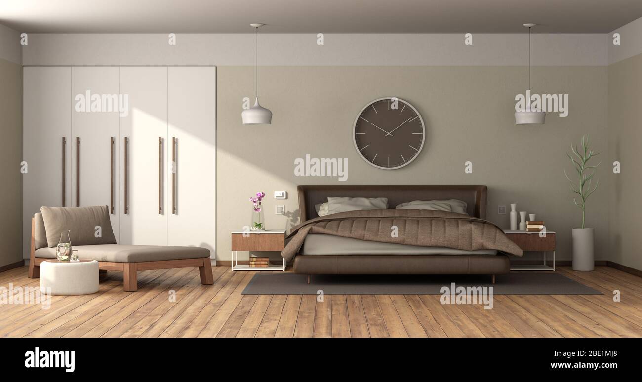 Moderno dormitorio principal con doble cuero, sofá cama y armario empotrado - representación en 3d Fotografía de stock - Alamy