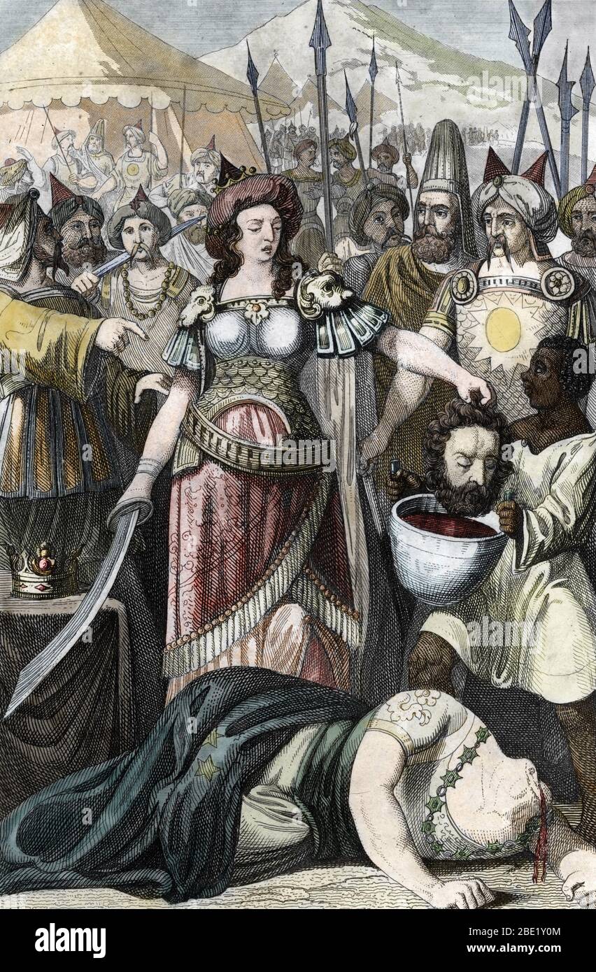 La mort de Cyrus le Grand tue par Tomyris (Thomyris), reine des Massagetes, derniere reine des amazones (Tomyris, Tomris, Tomiride o Reina Foto de stock