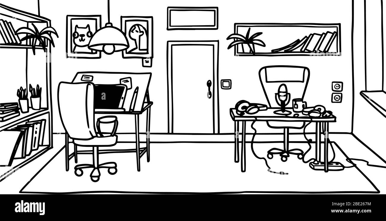 Dibujo a mano de una oficina de estudio de dibujos animados con ilustrador y actor de voz lugar de trabajo. Croquis interior Imagen Vector de stock - Alamy Dibujo a mano de una oficina de estudio de dibujos animados con ilustrador y actor de voz lugar de trabajo. Croquis interior Imagen Vector de stock - Alamy
