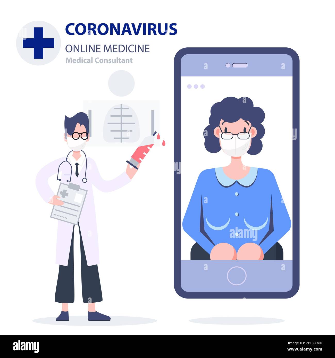 Tele medicina. Medicina en línea. Concepto de consultor médico. Las personas que usan máscara combaten covid-19. Pandemia de brote coronavirus. Plano de Ciencias de la Salud Ilustración del Vector