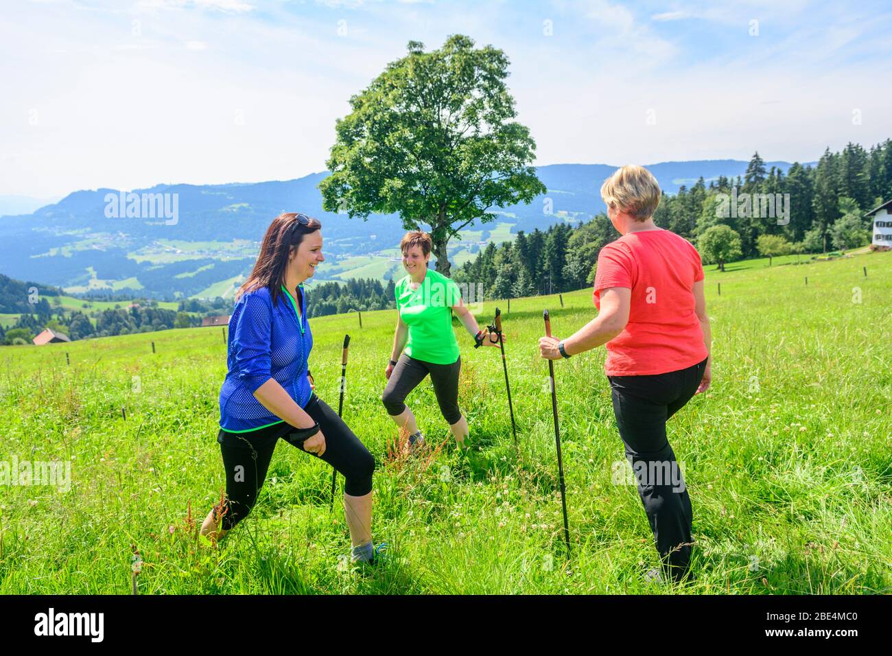 Entrenamiento físico en naturaleza verde con ejercicios de marcha nórdica Foto de stock