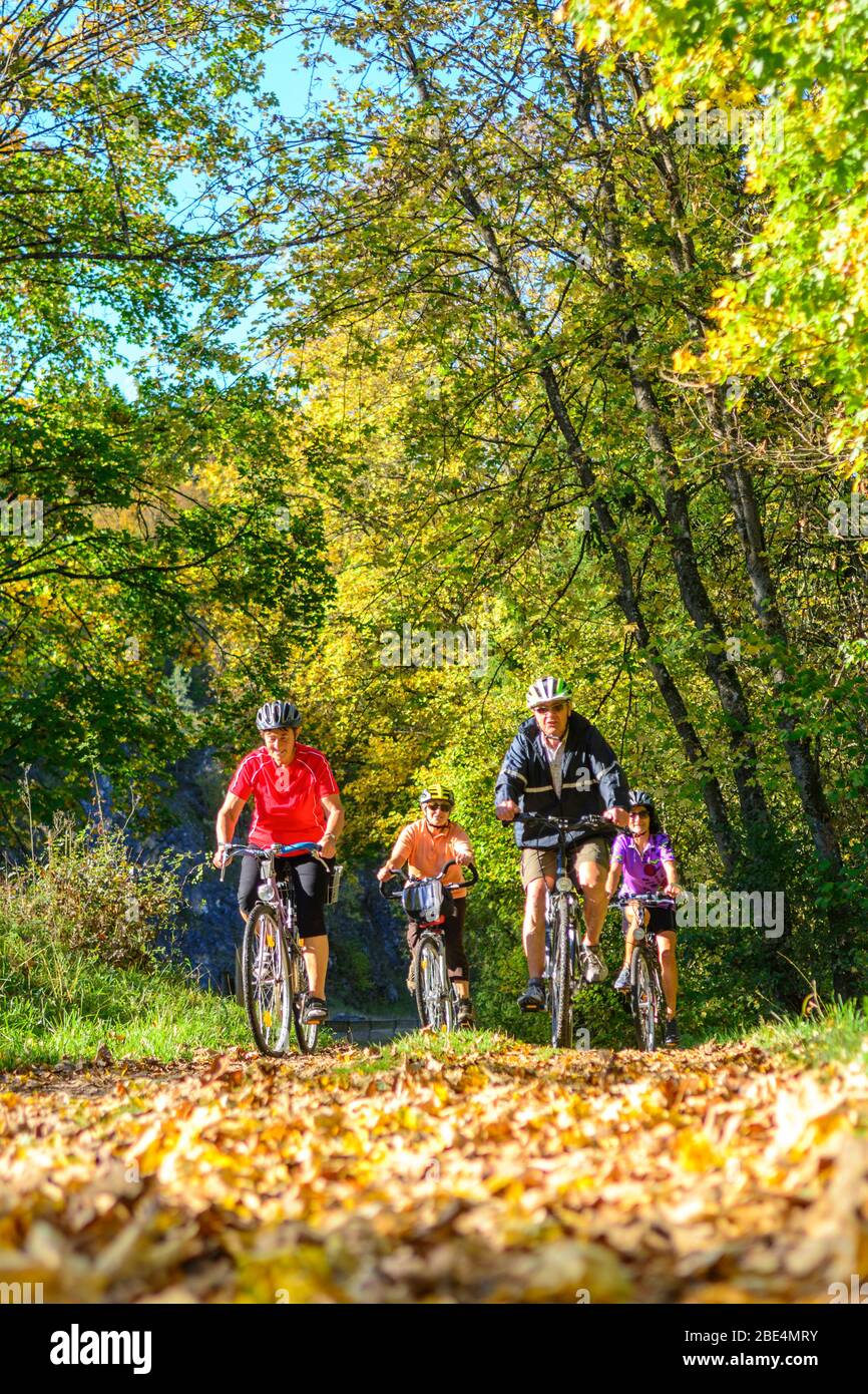 Grupo Senior haciendo un tour de ciclismo en la naturaleza hermosa en el sur de Alemania Foto de stock