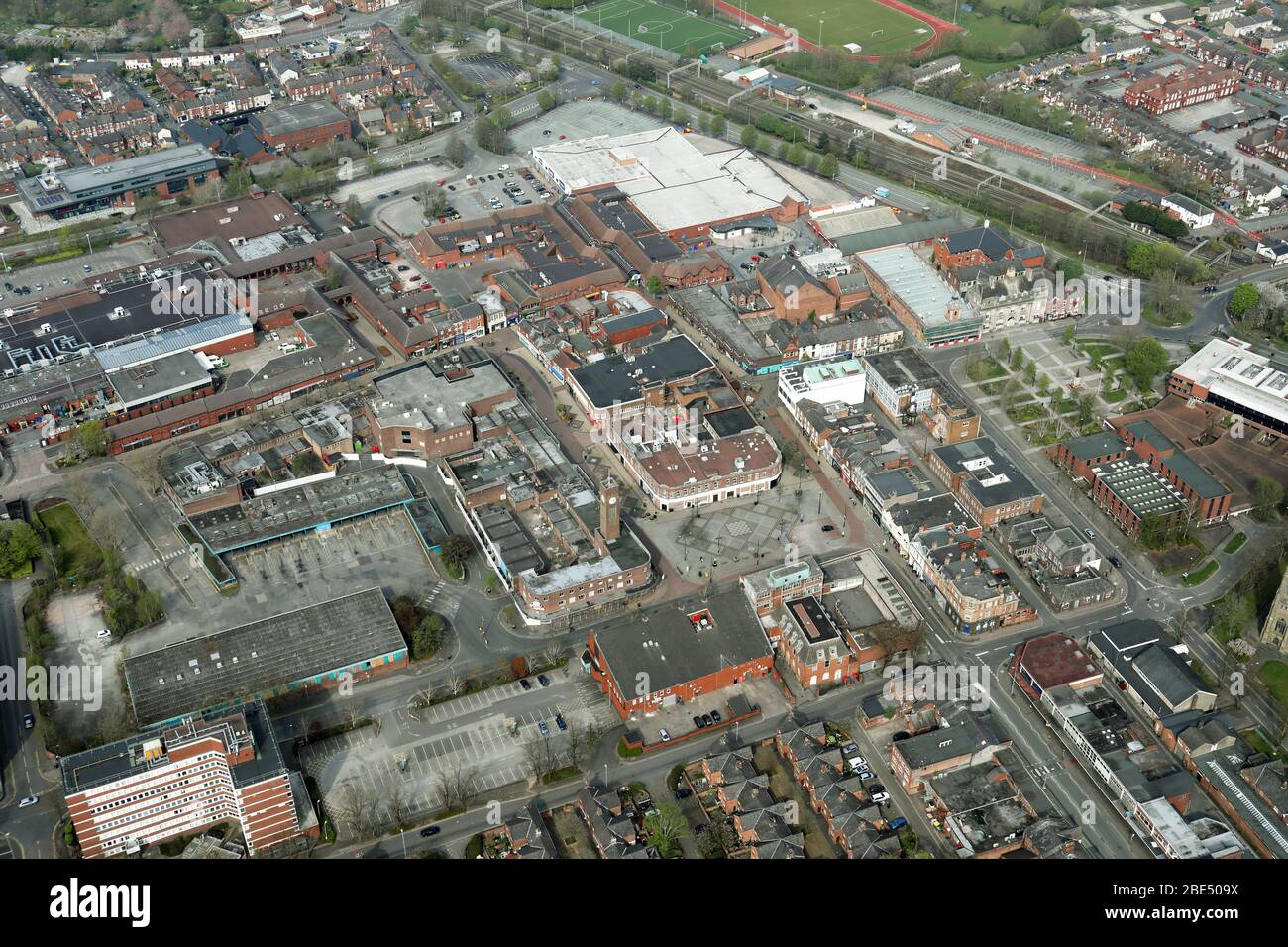 Vista aérea del centro de Crewe, Cheshire Foto de stock