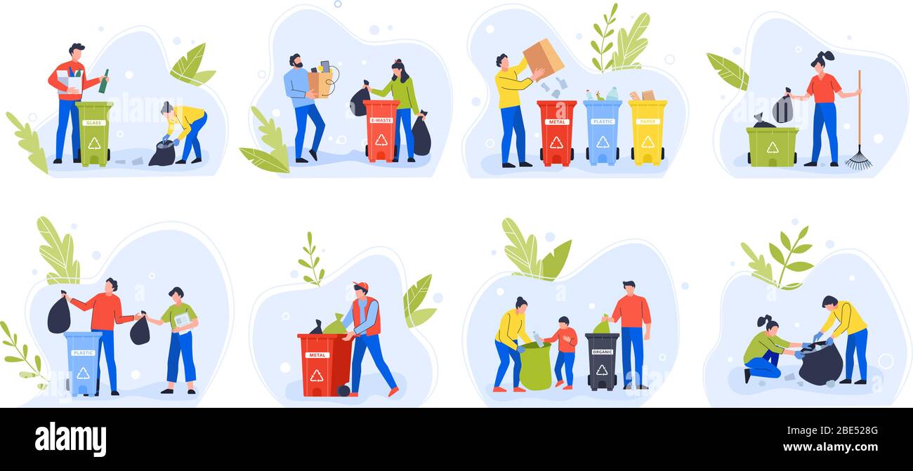 La gente separando basura. Día del medio ambiente recicle la basura,  familia con niños ordena y separa la basura para reducir el vector de contaminación  ambiental Imagen Vector de stock - Alamy